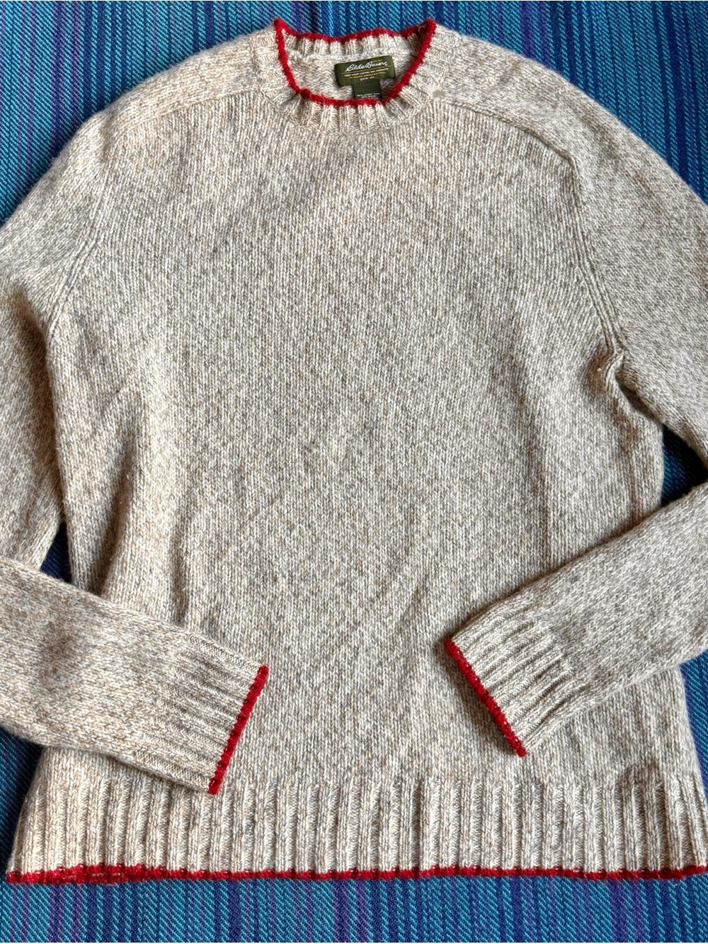 Eddie Bauer Cream Heather Crew Sweater with Brick Red Edge Trim